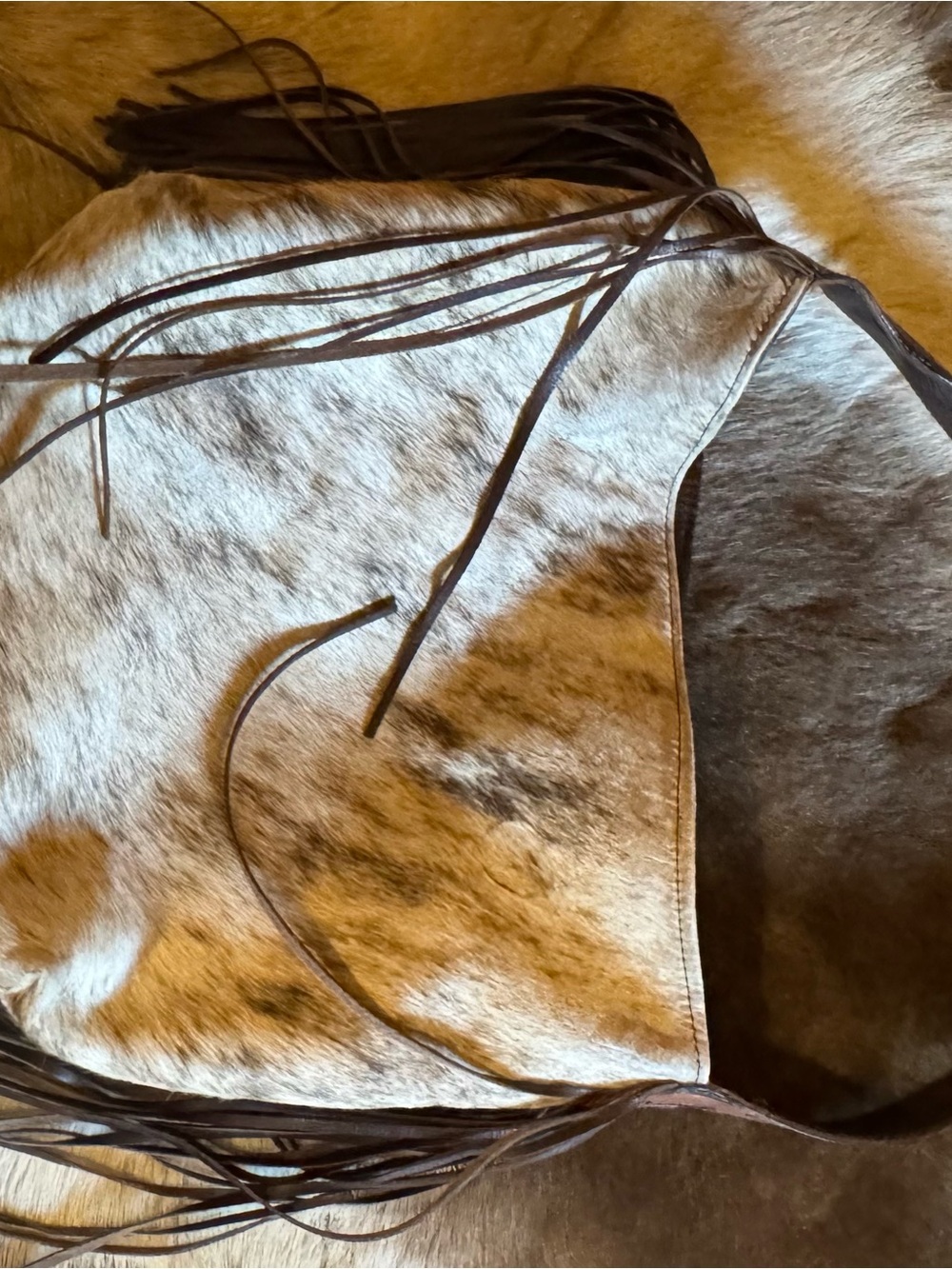 Fringed Cowhide Shoulder Bag in Brown and White